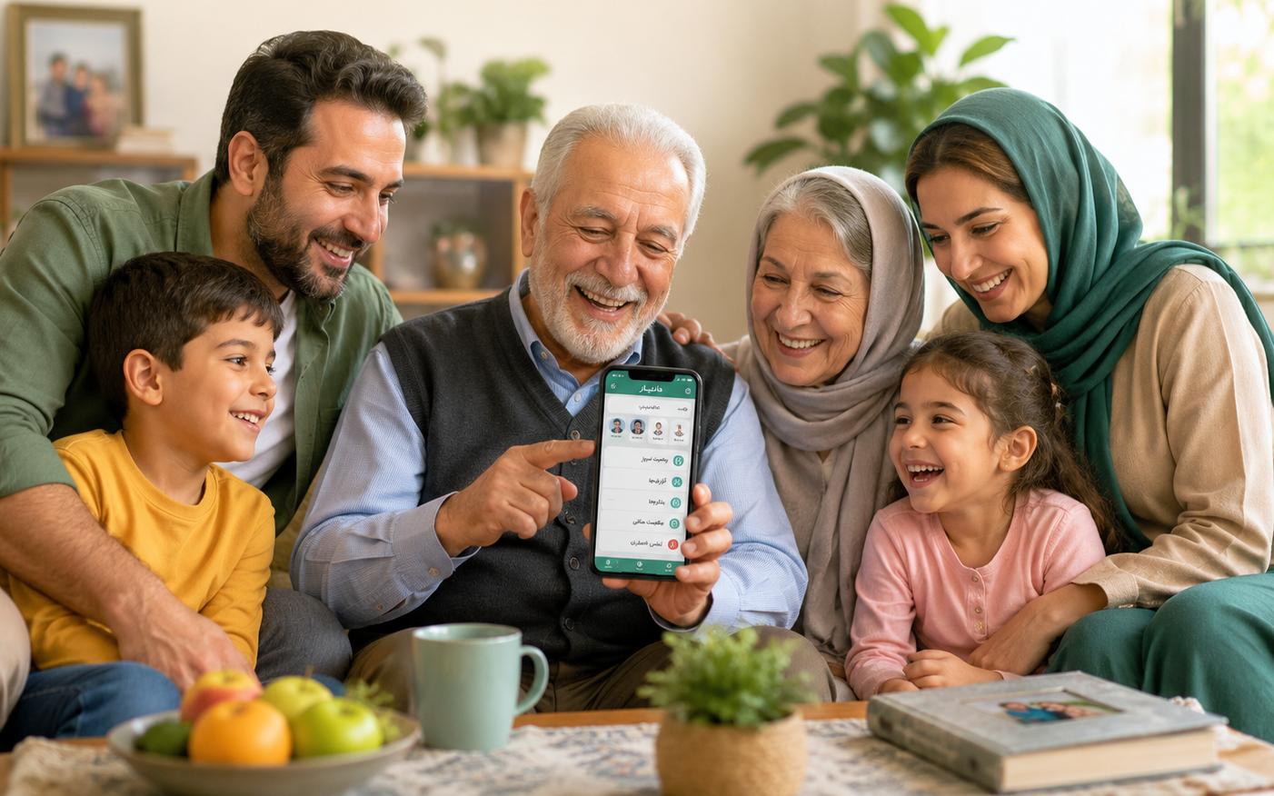 خانواده‌ای دورهم در حال استفاده از اپلیکیشن مانیار
